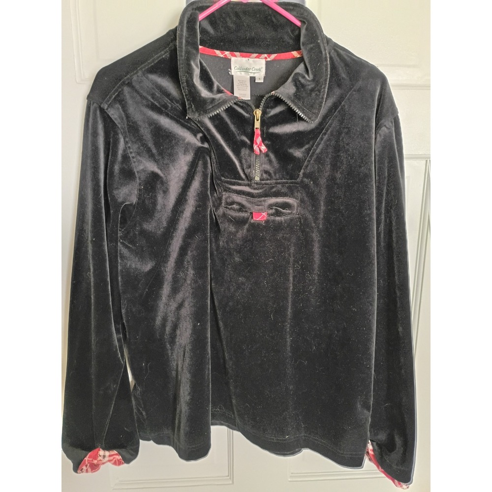Coldwater Creek Womens Black Velour Quarter Zip Pullover Bow Pocket Top Large
